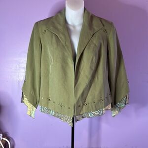 Nancy Bolen City Girl Olive Green Silk Bolero Jacket Size 8P Petite Dressy